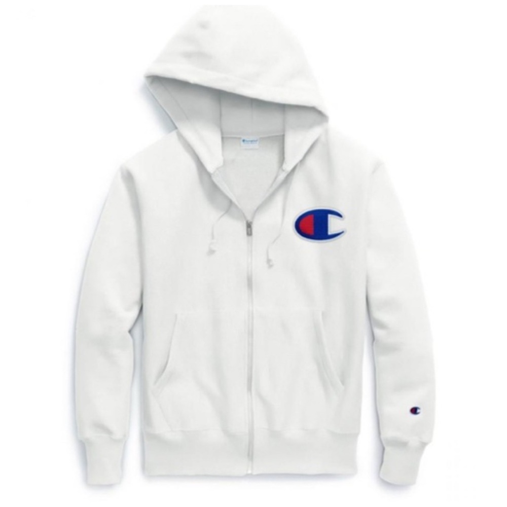 Champion Reverse Weave Chenille Logo Men’s Full-Zip Hoodie Sweatshirt White XL